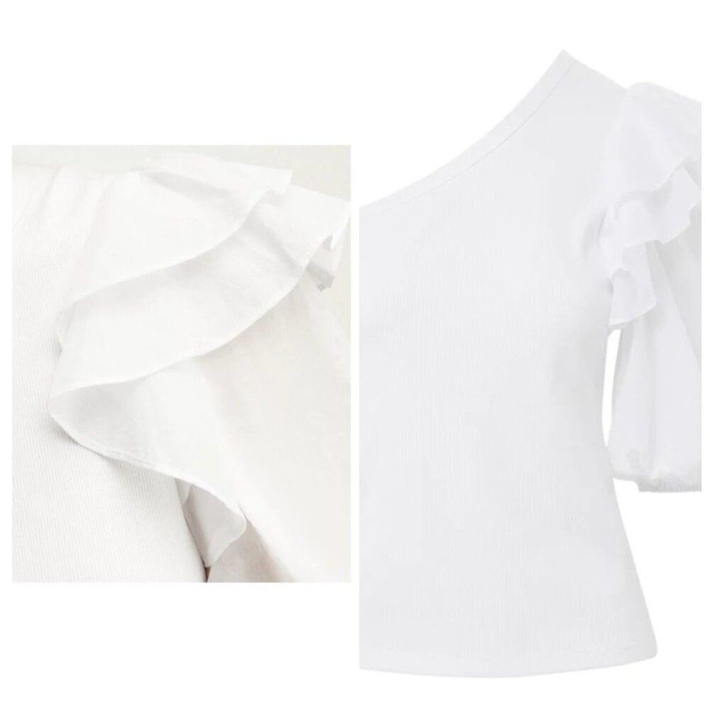 NWT Veronica Beard White One-Shoulder Ruffle Puff-Sleeve Top - Picture 2 of 7